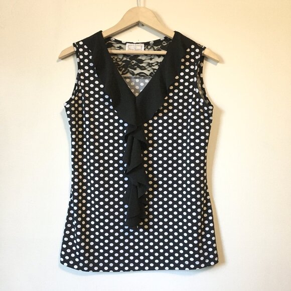 Rockabilly Made in Canada Polka Dot Ruffle and Lace Sleeveless Blouse - Picture 1 of 13